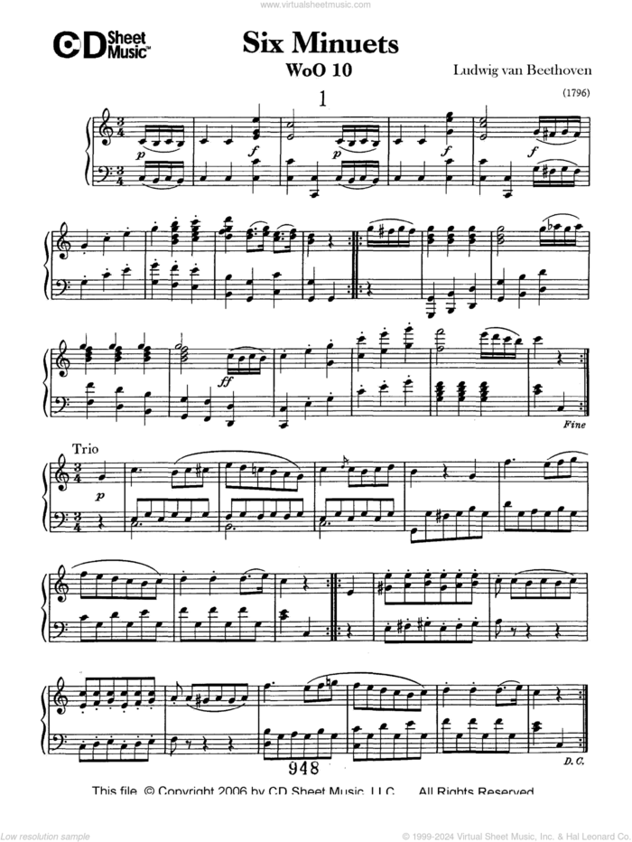 Minuets (6), Woo 10 sheet music for piano solo by Ludwig van Beethoven, classical score, intermediate skill level