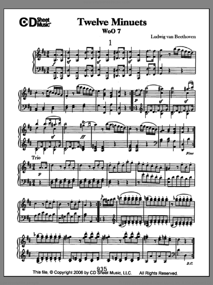 Minuets (12), Woo 7 sheet music for piano solo by Ludwig van Beethoven, classical score, intermediate skill level