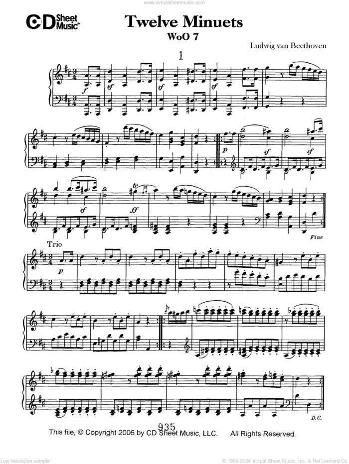 Minuets (12), Woo 7 sheet music for piano solo by Ludwig van Beethoven, classical score, intermediate skill level