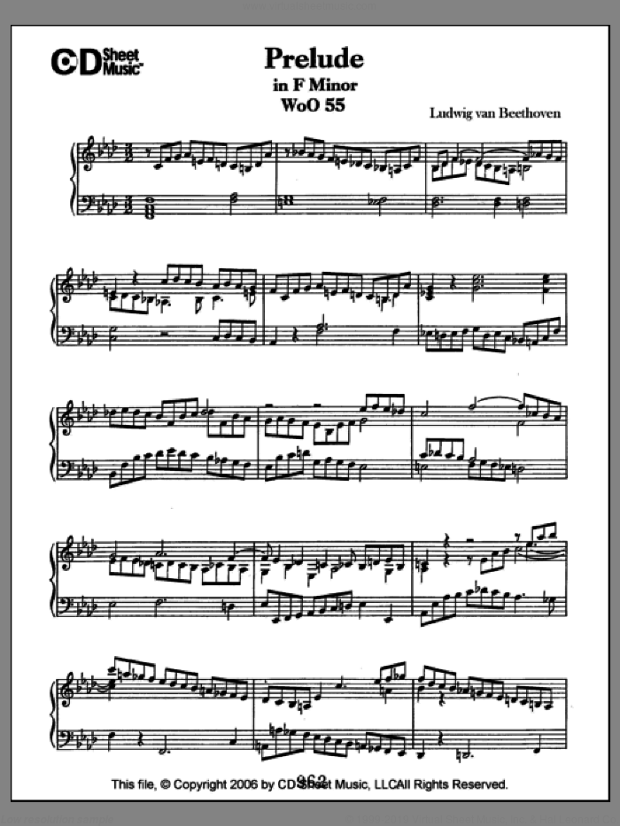 Prelude In F Minor, Woo 55 sheet music for piano solo by Ludwig van Beethoven, classical score, intermediate skill level