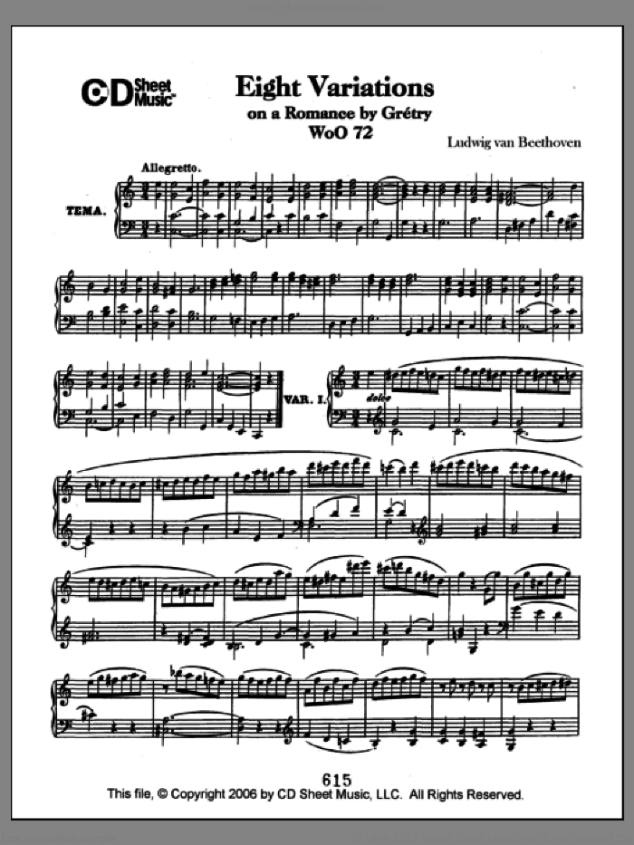 Variations (8) On A Romance By Gretry, Woo 72 sheet music for piano solo by Ludwig van Beethoven, classical score, intermediate skill level