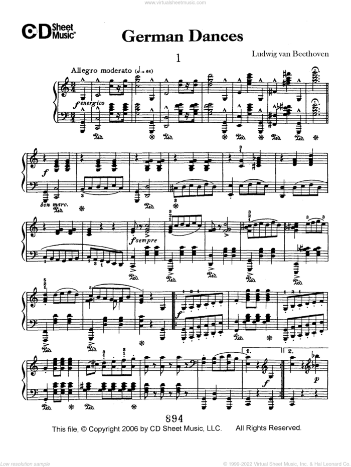 German Dances (3) sheet music for piano solo by Ludwig van Beethoven, classical score, intermediate skill level