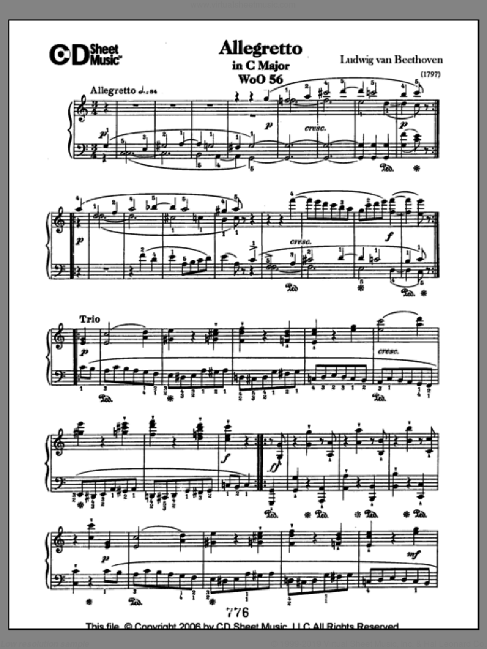 Allegretto In C Major, Woo 56 sheet music for piano solo by Ludwig van Beethoven, classical score, intermediate skill level