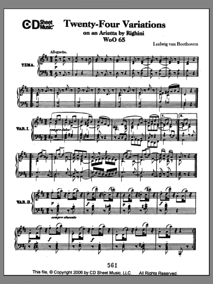Variations (24) On An Arietta By Righini, Woo 65 sheet music for piano solo by Ludwig van Beethoven, classical score, intermediate skill level