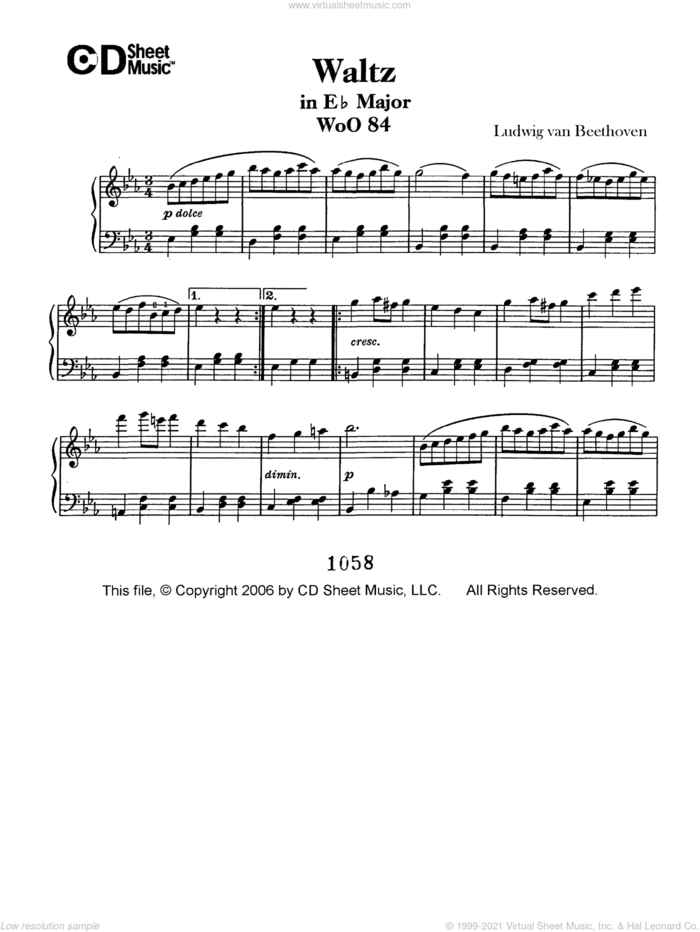 Waltz In E-flat Major, Woo 84 sheet music for piano solo by Ludwig van Beethoven, classical score, intermediate skill level