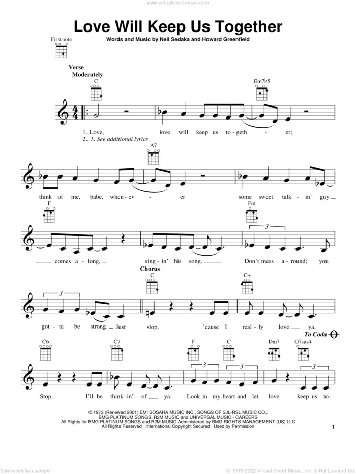 Love Will Keep Us Together sheet music for ukulele by The Captain & Tennille, Captain & Tennille, Howard Greenfield and Neil Sedaka, intermediate skill level