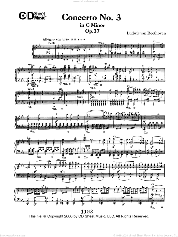 Concerto No. 3 in C Minor, Op. 37 sheet music for piano solo by Ludwig van Beethoven, classical score, intermediate skill level