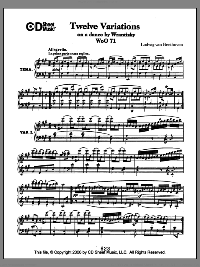 Variations (12) On A Dance By Wrantizky, Woo 71 sheet music for piano solo by Ludwig van Beethoven, classical score, intermediate skill level