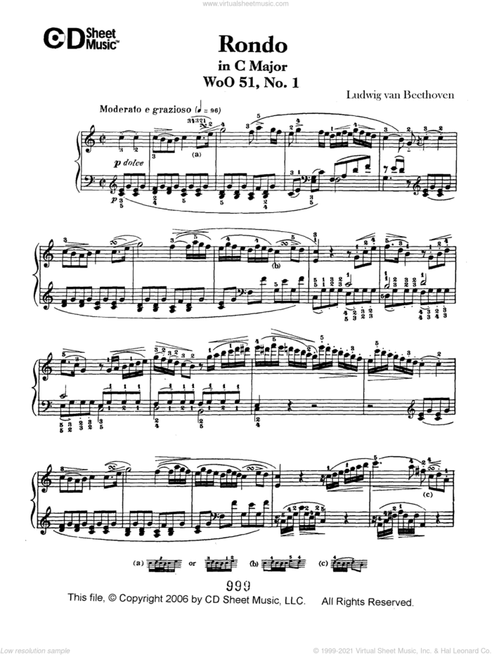 Rondo in C Major, Op. 51, No. 1 sheet music for piano solo by Ludwig van Beethoven, classical score, intermediate skill level