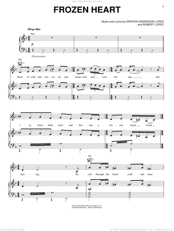 Frozen Heart (from Disney's Frozen) sheet music for voice, piano or guitar by Robert Lopez, Kristen Anderson-Lopez and Kristen Anderson-Lopez & Robert Lopez, intermediate skill level