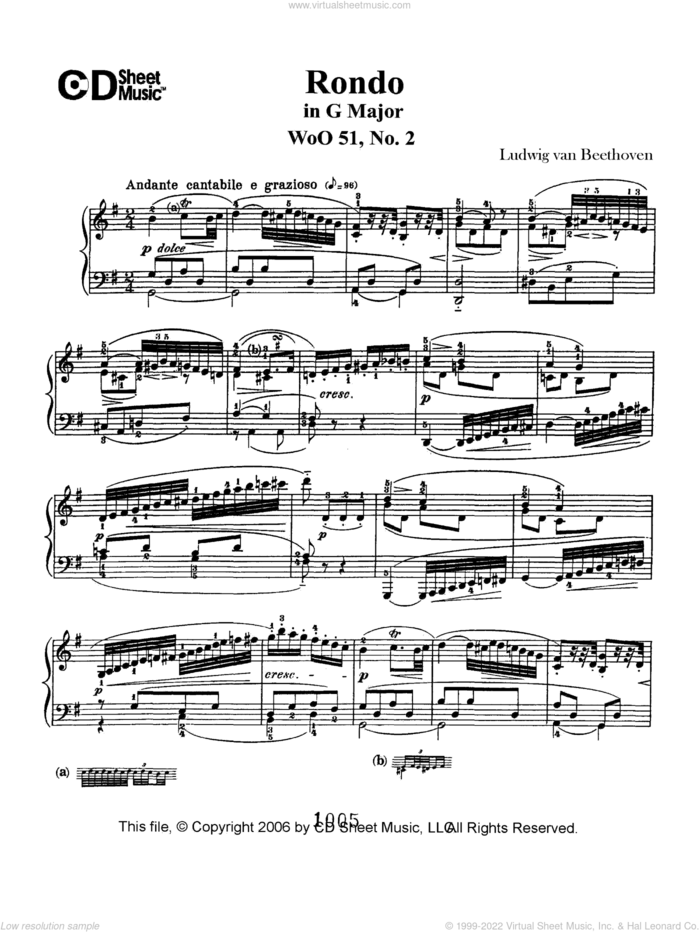 Rondo in G Major, Op. 51, No. 2 sheet music for piano solo by Ludwig van Beethoven, classical score, intermediate skill level