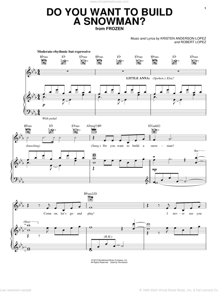 Do You Want To Build A Snowman? (from Frozen) sheet music for voice, piano or guitar by Kristen Bell, Agatha Lee Monn & Katie Lopez, Kristen Anderson-Lopez and Robert Lopez, intermediate skill level