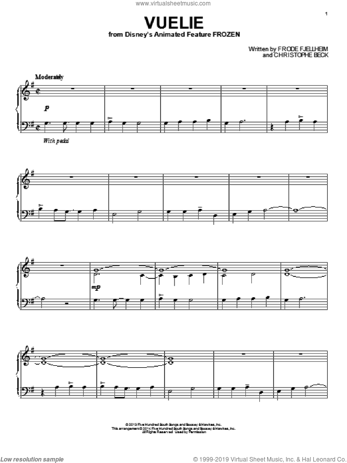 Vuelie (from Disney's Frozen) sheet music for voice, piano or guitar by Christophe Beck, Frode Fjellheim and Frode Fjellheim & Christophe Beck, intermediate skill level