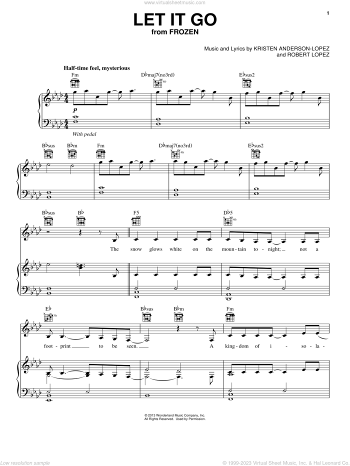 Let It Go (from Frozen) sheet music for voice, piano or guitar by Idina Menzel, Kristen Anderson-Lopez and Robert Lopez, intermediate skill level