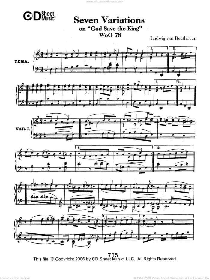 Variations (7) on 'God Save the King', WoO 78 sheet music for piano solo by Ludwig van Beethoven, classical score, intermediate skill level