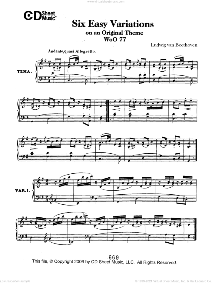 Easy (6) Variations On An Original Theme, Woo 77 sheet music for piano solo by Ludwig van Beethoven, classical score, intermediate skill level
