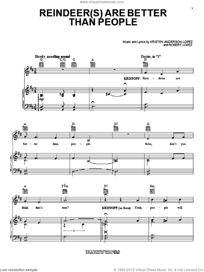 Reindeer(s) Are Better Than People (from Disney's Frozen) sheet music for voice, piano or guitar by Jonathan Groff, Kristen Anderson-Lopez and Robert Lopez, intermediate skill level