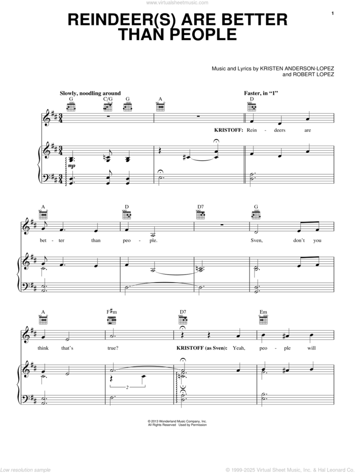 Reindeer(s) Are Better Than People (from Disney's Frozen) sheet music for voice, piano or guitar by Jonathan Groff, Kristen Anderson-Lopez and Robert Lopez, intermediate skill level