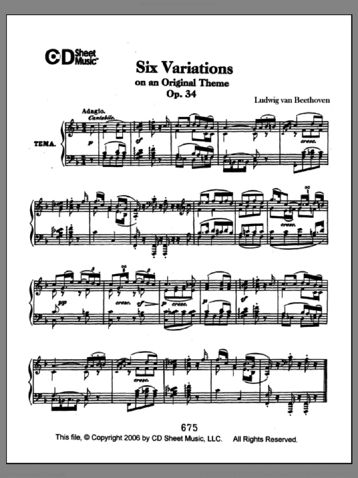 Variations (6) On An Original Theme, Op. 34 sheet music for piano solo by Ludwig van Beethoven, classical score, intermediate skill level