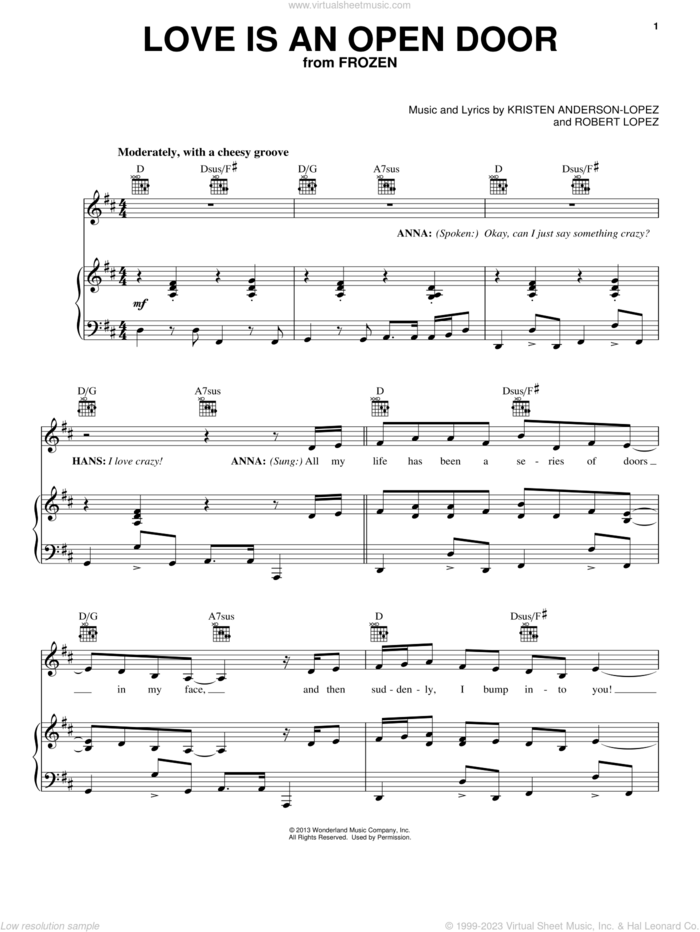 Love Is An Open Door (from Disney's Frozen) sheet music for voice, piano or guitar by Kristen Bell & Santino Fontana, Kristen Anderson-Lopez and Robert Lopez, intermediate skill level