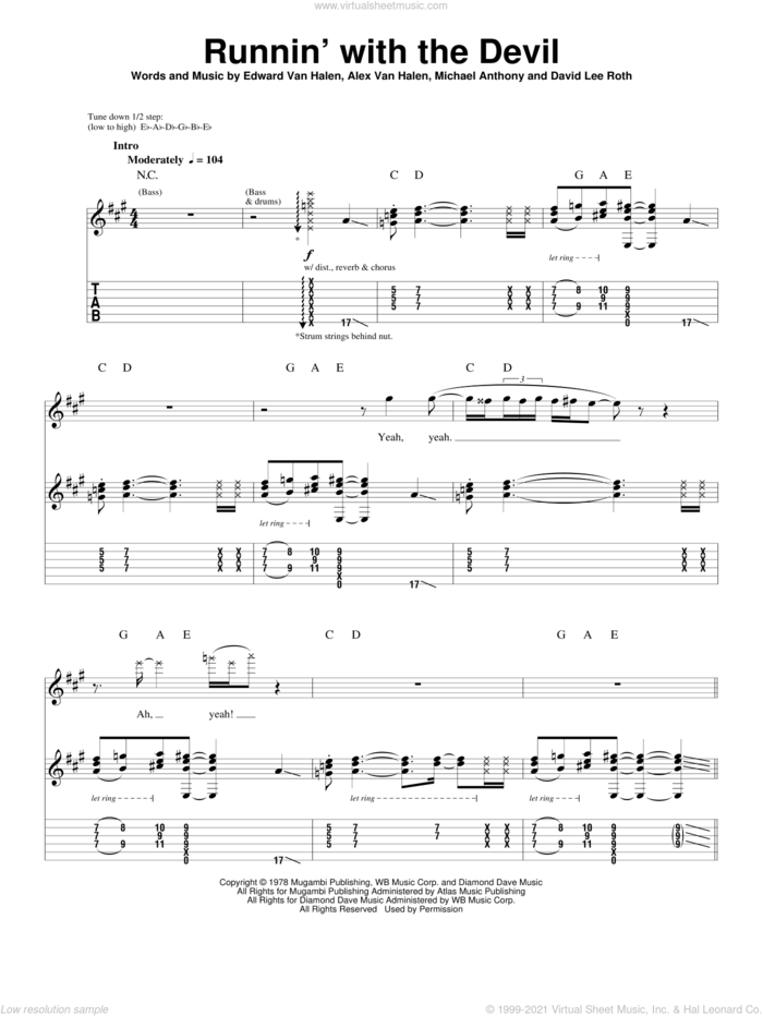 Runnin' With The Devil sheet music for guitar (tablature, play-along) by Edward Van Halen, Alex Van Halen, David Lee Roth and Michael Anthony, intermediate skill level