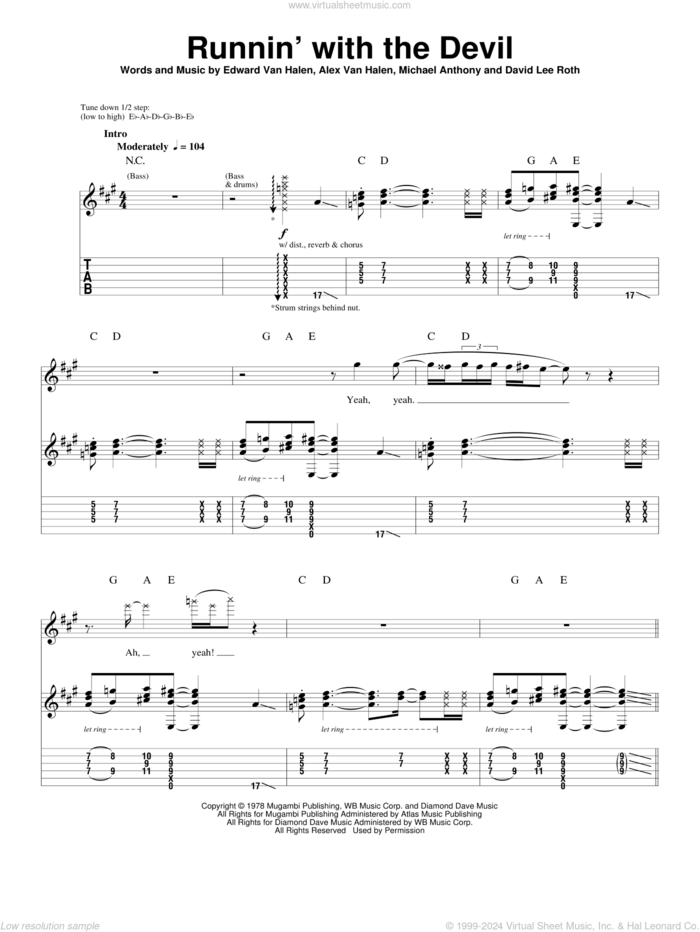 Runnin' With The Devil sheet music for guitar (tablature, play-along) by Edward Van Halen, Alex Van Halen, David Lee Roth and Michael Anthony, intermediate skill level