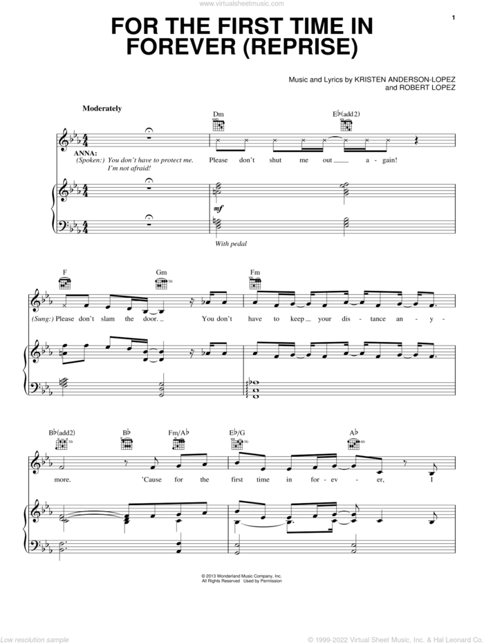 For The First Time In Forever (Reprise) (from Frozen) sheet music for voice, piano or guitar by Robert Lopez, Kristen Bell, Idina Menzel and Kristen Anderson-Lopez, intermediate skill level