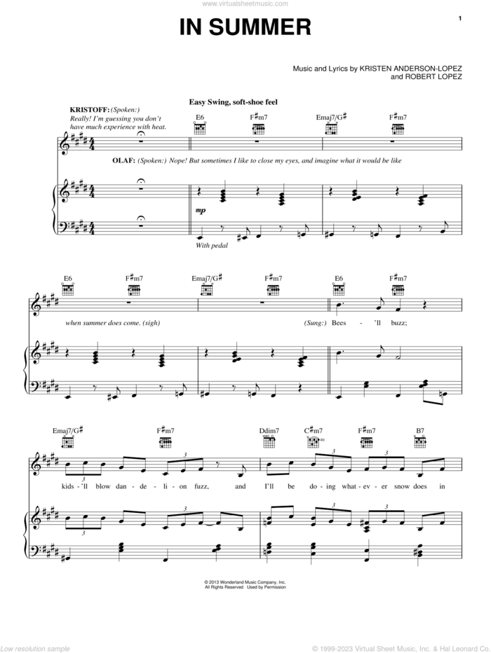 In Summer (from Frozen) sheet music for voice, piano or guitar by Josh Gad, Kristen Anderson-Lopez and Robert Lopez, intermediate skill level