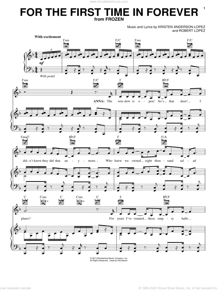 For The First Time In Forever (from Frozen) sheet music for voice, piano or guitar by Robert Lopez, Kristen Bell, Idina Menzel and Kristen Anderson-Lopez, intermediate skill level