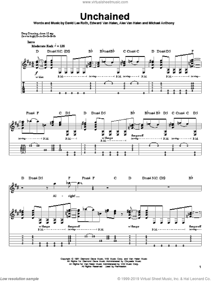 Unchained sheet music for guitar (tablature, play-along) by Edward Van Halen, Alex Van Halen, David Lee Roth and Michael Anthony, intermediate skill level
