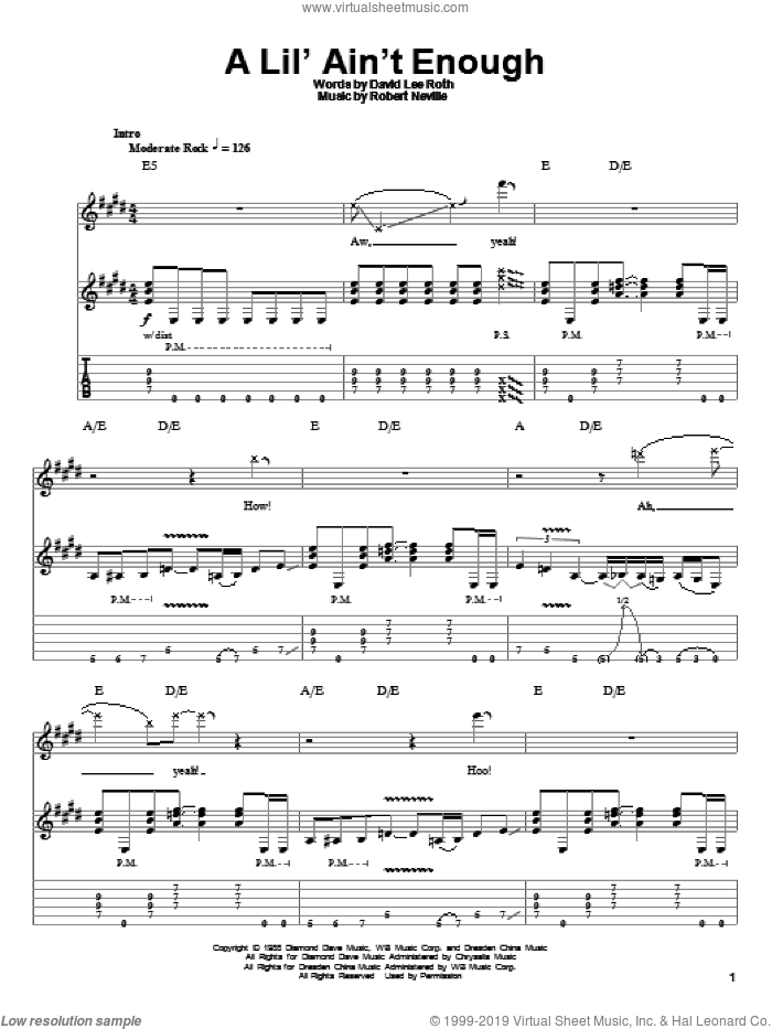 A Lil' Ain't Enough sheet music for guitar (tablature, play-along) by David Lee Roth and Robbie Nevil, intermediate skill level