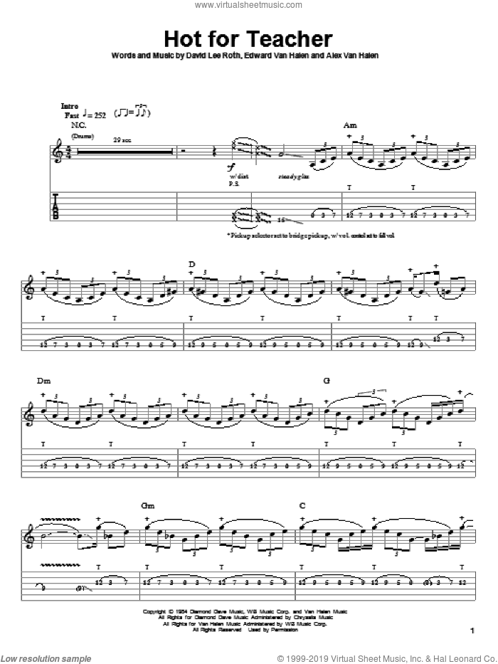 Hot For Teacher sheet music for guitar (tablature, play-along) by Edward Van Halen, Alex Van Halen and David Lee Roth, intermediate skill level