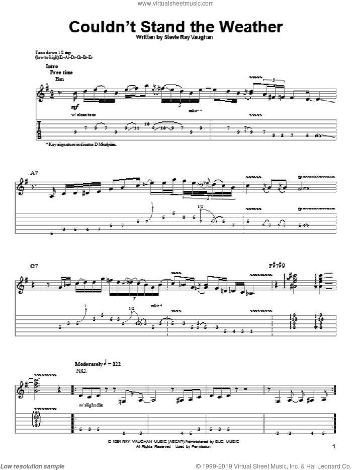Couldn't Stand The Weather sheet music for guitar (tablature, play-along) by Stevie Ray Vaughan, intermediate skill level