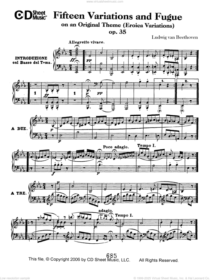 Variations (15) And Fugue On An Original Theme (eroica Variations) sheet music for piano solo by Ludwig van Beethoven, classical score, intermediate skill level