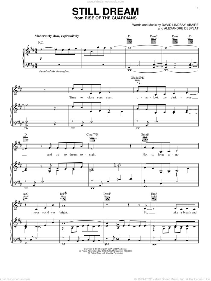 Still Dream sheet music for voice, piano or guitar by Renee Fleming, Alexandre Desplat and David Lindsay-Abaire, intermediate skill level