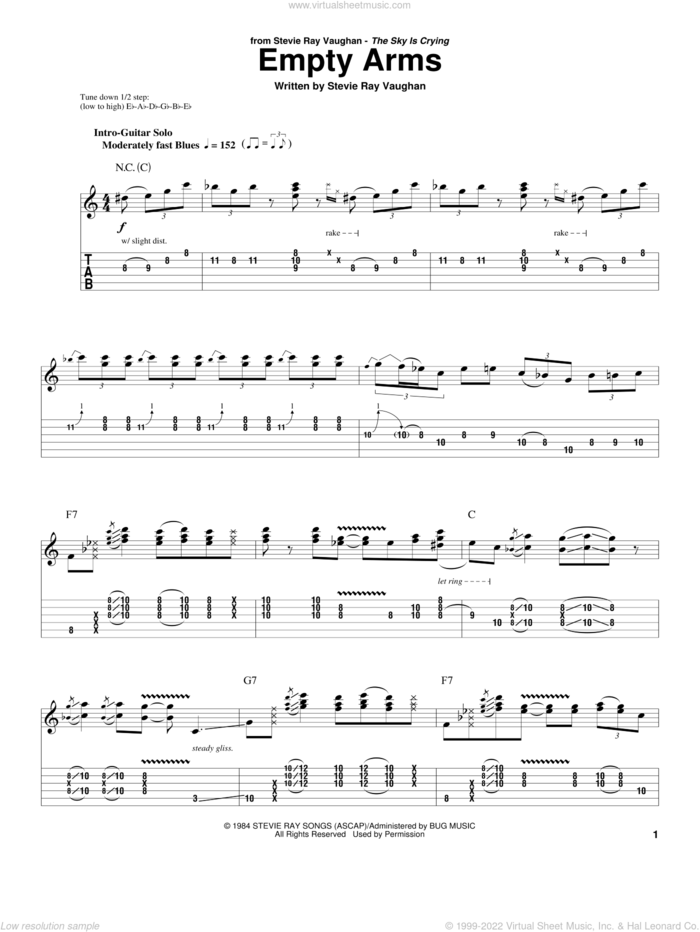 Empty Arms sheet music for guitar (tablature, play-along) by Stevie Ray Vaughan, intermediate skill level