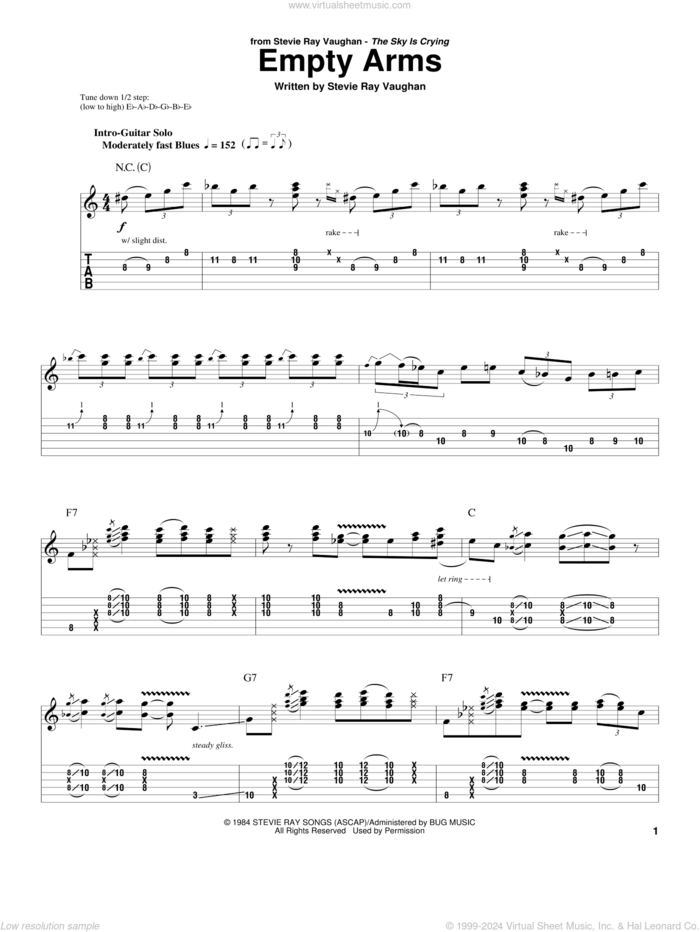 Empty Arms sheet music for guitar (tablature, play-along) by Stevie Ray Vaughan, intermediate skill level