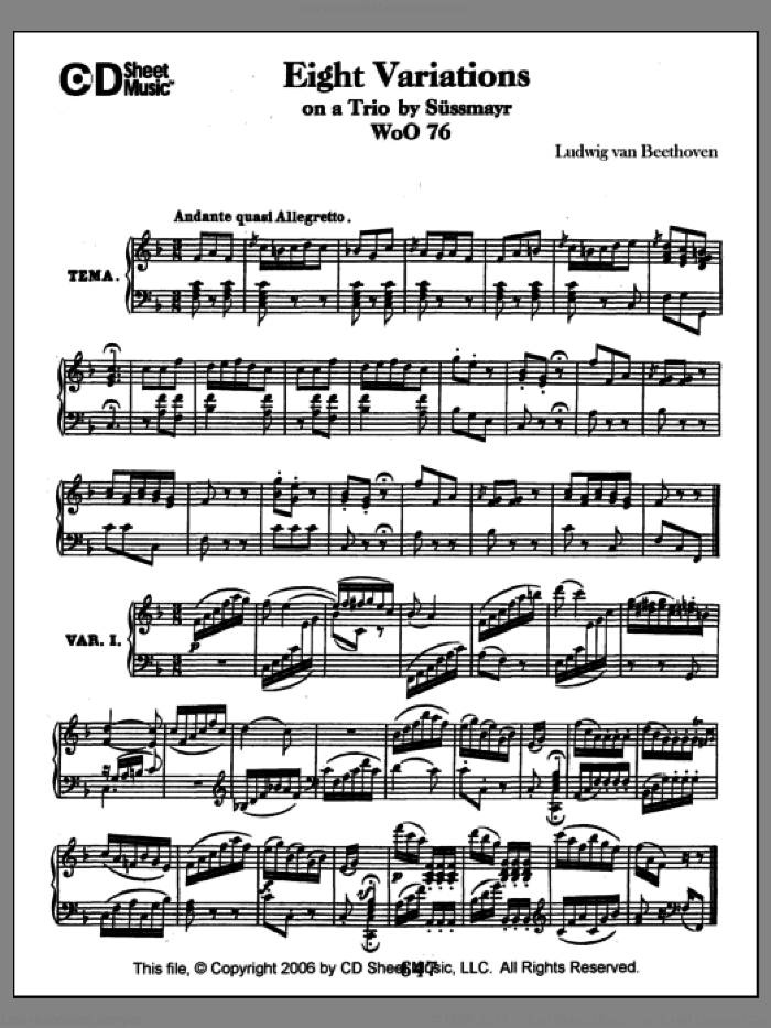 Variations (8) On A Trio By Sussmayr, Woo 76 sheet music for piano solo by Ludwig van Beethoven, classical score, intermediate skill level