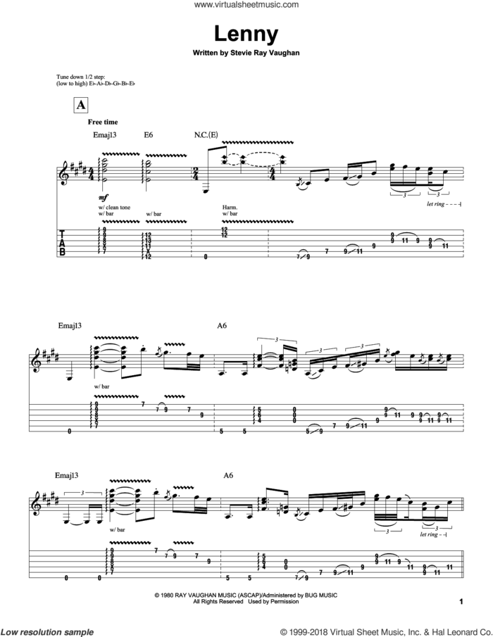 Lenny sheet music for guitar (tablature, play-along) by Stevie Ray Vaughan, intermediate skill level