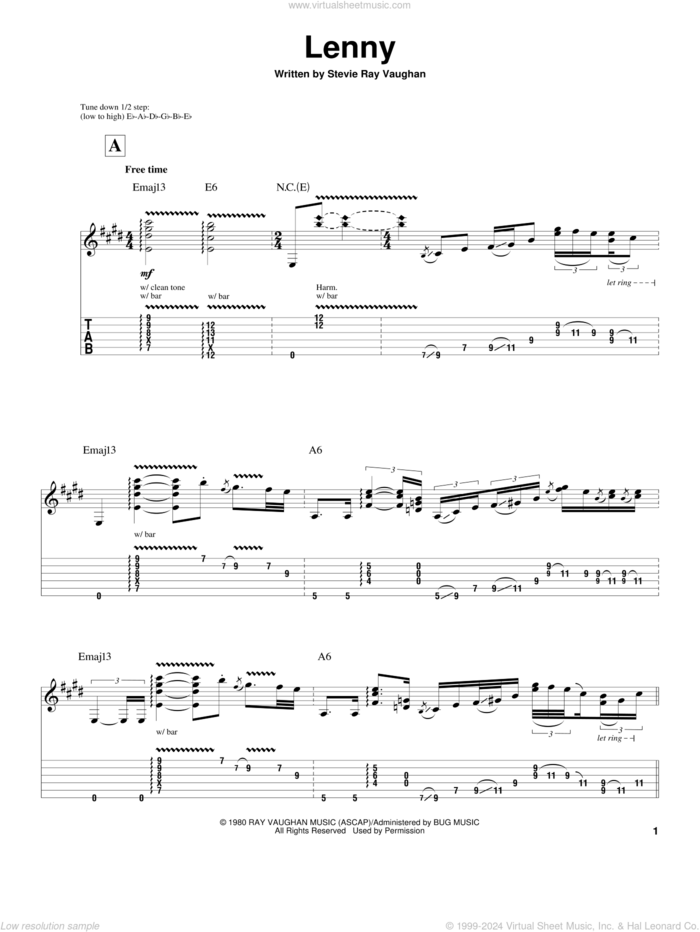 Lenny sheet music for guitar (tablature, play-along) by Stevie Ray Vaughan, intermediate skill level