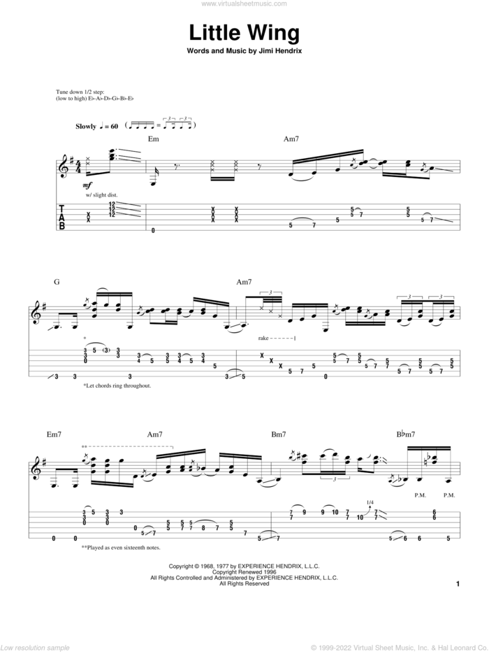 Little Wing sheet music for guitar (tablature, play-along) by Stevie Ray Vaughan and Jimi Hendrix, intermediate skill level