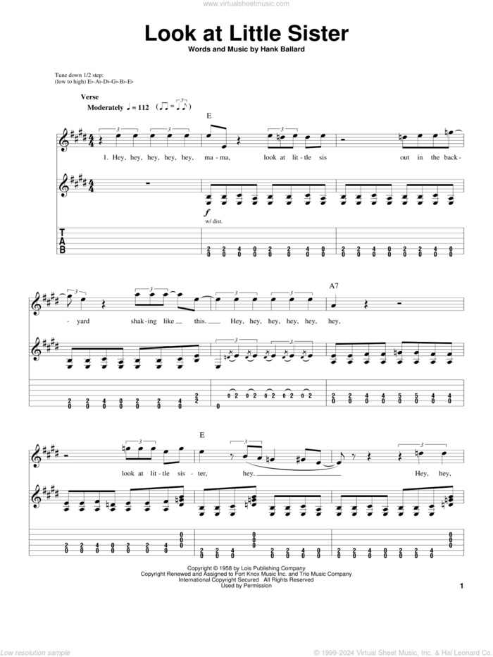 Look At Little Sister sheet music for guitar (tablature, play-along) by Stevie Ray Vaughan and Hank Ballard, intermediate skill level