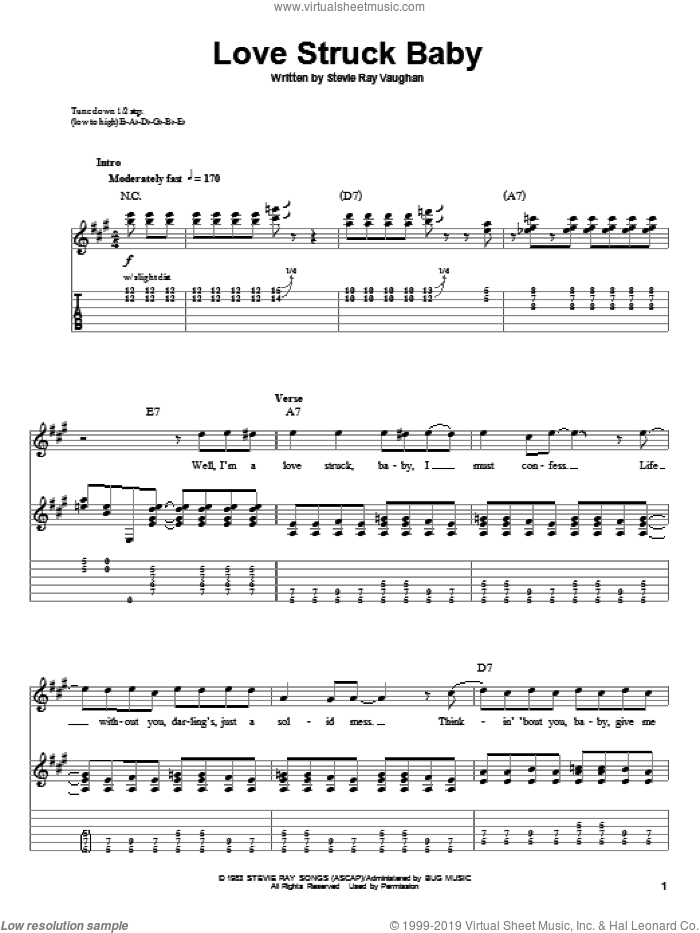 Love Struck Baby sheet music for guitar (tablature, play-along) by Stevie Ray Vaughan, intermediate skill level