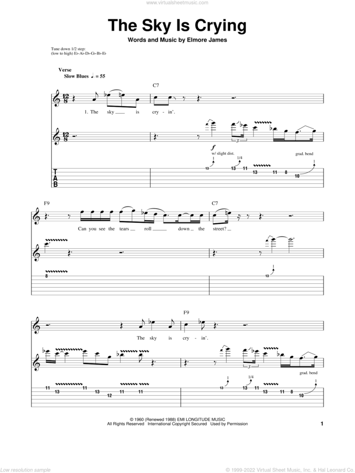 The Sky Is Crying sheet music for guitar (tablature, play-along) by Stevie Ray Vaughan, Albert King, Eric Clapton and Elmore James, intermediate skill level