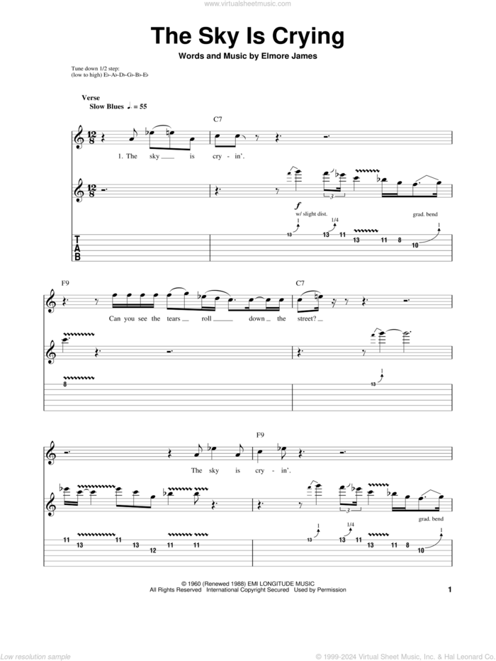 The Sky Is Crying sheet music for guitar (tablature, play-along) by Stevie Ray Vaughan, Albert King, Eric Clapton and Elmore James, intermediate skill level