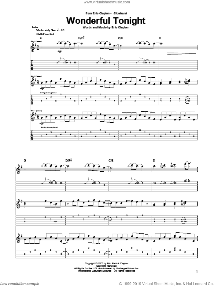Wonderful Tonight sheet music for guitar (tablature) by Eric Clapton and David Kersh, wedding score, intermediate skill level