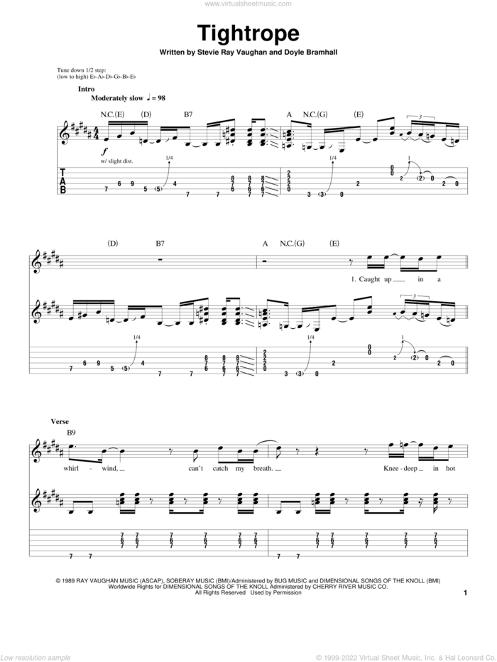 Tightrope sheet music for guitar (tablature, play-along) by Stevie Ray Vaughan and Doyle Bramhall, intermediate skill level