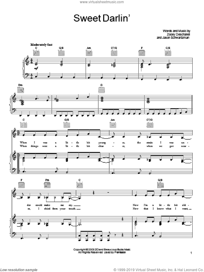 Sweet Darlin' sheet music for voice, piano or guitar by She & Him, Jason Schwartzman and Zooey Deschanel, intermediate skill level