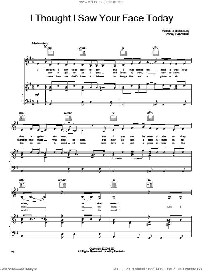 I Thought I Saw Your Face Today sheet music for voice, piano or guitar by She & Him and Zooey Deschanel, intermediate skill level