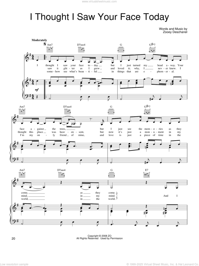 I Thought I Saw Your Face Today sheet music for voice, piano or guitar by She & Him and Zooey Deschanel, intermediate skill level